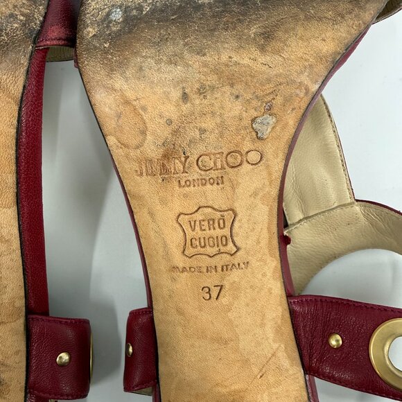 Jimmy Choo Napa Watersnake Burgundy T-Strap Heeled Sandals - Picture 8 of 9